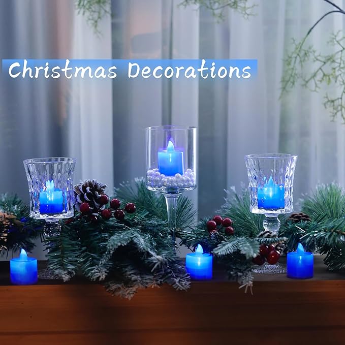 LANKER 24 Pack Flameless Led Tea Lights Candles, Flickering Blue Battery Operated Electronic Fake Candles, Decorations for Wedding, Party, Christmas, Halloween and Festival Celebration (Blue)