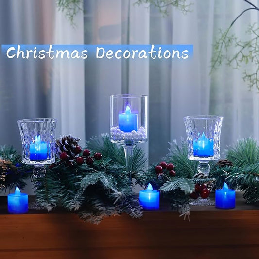 LANKER 24 Pack Flameless Led Tea Lights Candles, Flickering Blue Battery Operated Electronic Fake Candles, Decorations for Wedding, Party, Christmas, Halloween and Festival Celebration (Blue)