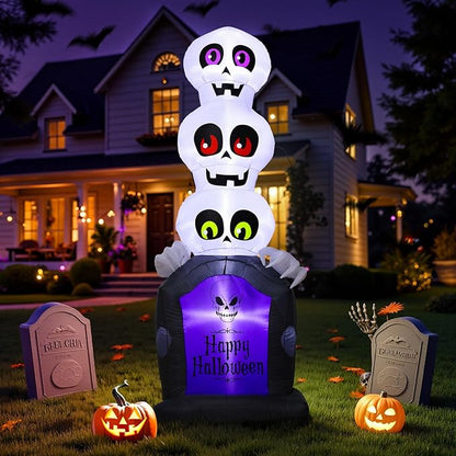 Halloween Inflatables Outdoor Decoration, Pumpkin/Tombstone/Black Cat/Ghost Tree, Cute Blow Up Yard Decor, for Outside Garage Door Graveyard Yard Porch Lawn (6.5FT Ghost+Tombstone)