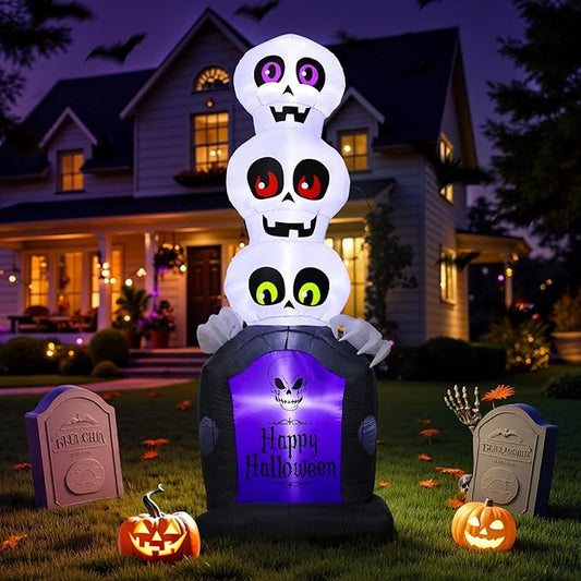 Halloween Inflatables Outdoor Decoration, Pumpkin/Tombstone/Black Cat/Ghost Tree, Cute Blow Up Yard Decor, for Outside Garage Door Graveyard Yard Porch Lawn (6.5FT Ghost+Tombstone)