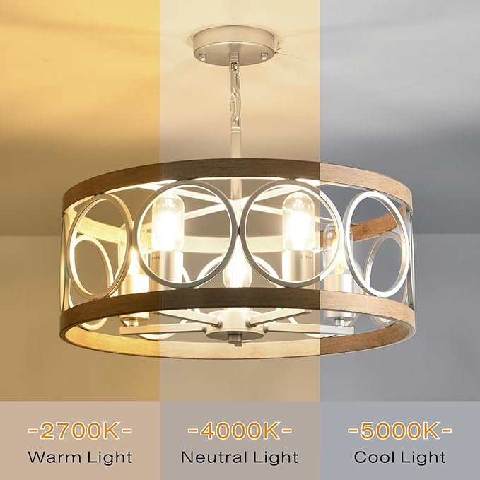 Semi Flush Mount Ceiling Light Fixture,Rustic Vintage 5-Light Chandelier Lighting19.7 (Silver),Wood Grain with Round Metal Shade for Dining Room Hallway Entryway Bedroom Living Room