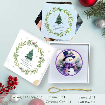 Snow Gentleman Ornaments Winter Holiday Round Ceramic Purple Hanging Ornament Christmas Keepsake Decor for Xmas Tree Winter Holiday Xmas Gift for Women Men 3"