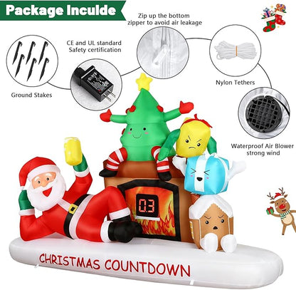Alupssuc 8 FT Christmas Inflatable Outdoor Decorations with LED Christmas Countdown Clock, Santa,Tree,Fireplace and Gift Boxes, Lighted Blow Up Lawn Yard Clearance for Indoor Xmas Holiday Party Decor