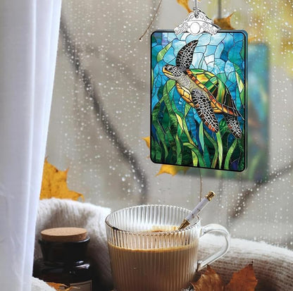 Sea Turtle Stained Glass Ornament, 2025 Christmas Tree Hanging Decoration for Gift Exchange or Stocking Stuffer, Holiday Decor, 3.8 x 2.4 Inch