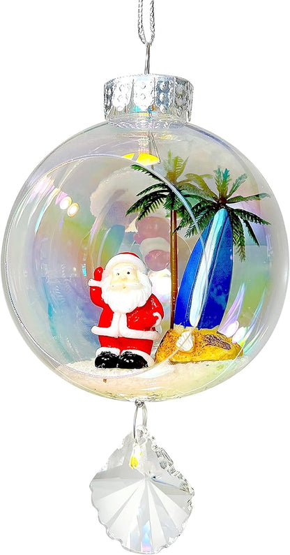 Santa Surf Christmas Ornament - Handmade Shatterproof Decorations for Indoor Outdoor Xmas Tree - Clear Ball Ornaments with Magnetic Crystal - Great Gift or Stocking Stuffer for Mom, Sister, Friend