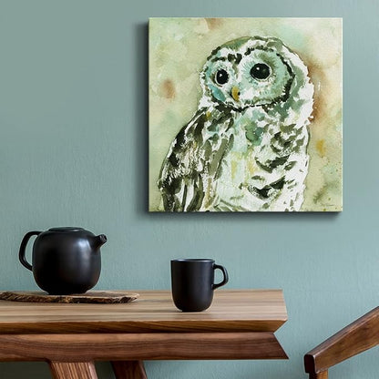 Cute Animals Artwork Abstract Colorful Painting Wall Art on Canvas, Woodland Owl Wall Art, Ready to Hang, 10'' x 10''