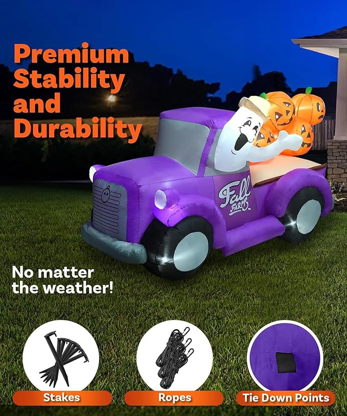 7.5FT Length Halloween Inflatable Hayride Truck with Ghost & 4 Halloween Pumpkins Decoration, Halloween Blow up Car Inflatable Built-in 10 LEDs for Halloween Inflatables Outdoor Decoration