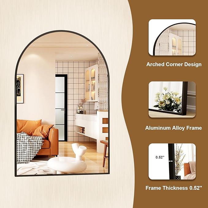 HARRITPURE 20"x30" Arched Bathroom Mirror - Wall Mounted Mirror - Black Arch Mirror - Aluminum Alloy Frame Bathroom Mirror Living Room, Bedroom, Bathroom and Entryway