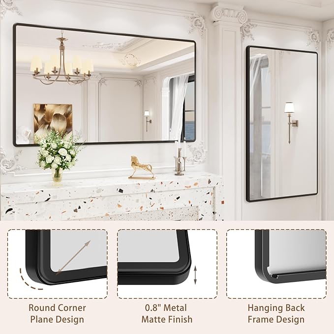 New Upgrade 60X36 Inch Wall Mounted Bathroom Mirror, Black Metal Frame Rounded Rectangle Mirror, Bathroom Vanity Mirror with Tempered Glass for Washroom Bedroom Living Room