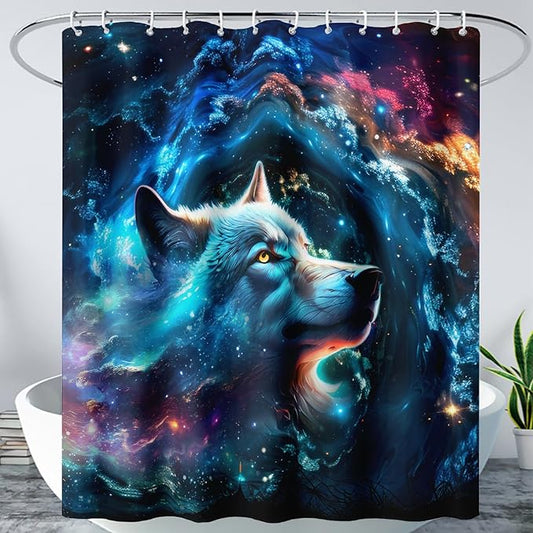 AILONEN 3D Wolf Shower Curtain for Bathroom,Blue Space Galaxy Starry Clouds Wolf Printed Bath Curtain,Boys Teen Kids Wild Animal Wolf Decoration Shower Curtain Waterproof 36" W*72" H
