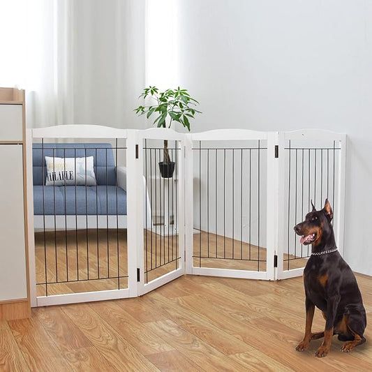 ZJSF Freestanding Foldable Dog Gate - Extra Wide White Puppy Gate for Stairs & Doorways - Tall 4 Panels Wooden Pet Fence