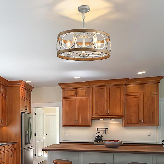 Semi Flush Mount Ceiling Light Fixture,Rustic Vintage 5-Light Chandelier Lighting19.7 (Silver),Wood Grain with Round Metal Shade for Dining Room Hallway Entryway Bedroom Living Room