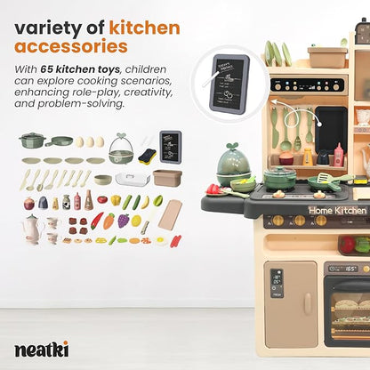 Kids' Play Kitchen Set, 27.95 x 11.22 x 36.81 Inch, 65-Piece Toy Kitchen Playset with Functional Faucet, Realistic Steam Effects, Lights and Sounds, and Other Kitchen Accessories (Dark Gray)
