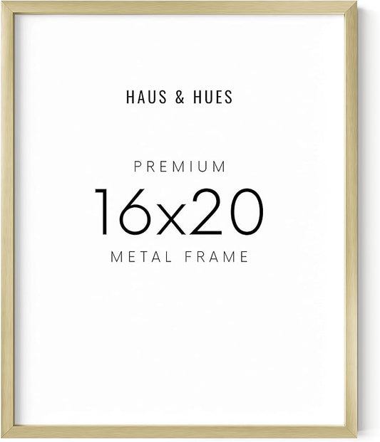 HAUS AND HUES 16x20 Gold Picture Frame - Picture Frame Metallic 16x20 Poster Frames for Wall, 16x20 Gold Poster Frames, 16x20 Picture Frames For Wall (Gold Aluminum Frame)