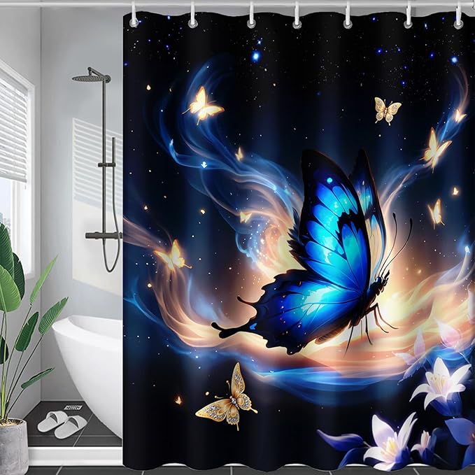 AILONEN Butterfly Shower Curtain,Blue Butterfly Bath Curtain for Girls Kids Women,Glowing Starry Flower Butterfly Decoration Bathroom Waterproof Curtain with 12 Plastic Hooks, 48" W*72" H