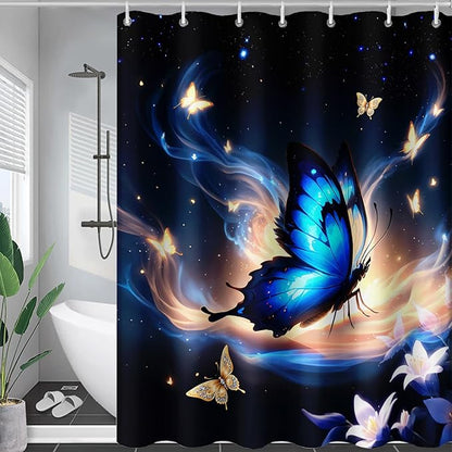 AILONEN Butterfly Shower Curtain,Blue Butterfly Bath Curtain for Girls Kids Women,Glowing Starry Flower Butterfly Decoration Bathroom Waterproof Curtain with 12 Plastic Hooks, 48" W*72" H