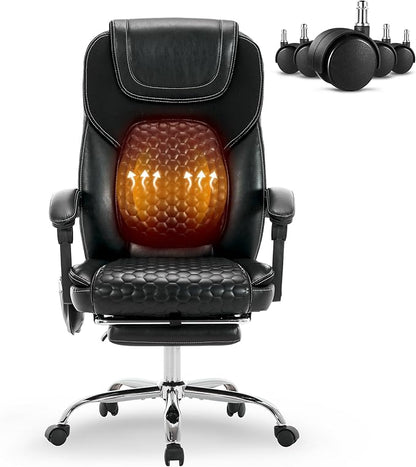 Massage Executive Office Chair 2-Pack with Heat and Footrest, Ergonomic Reclining Leather Desk Chair with Wheels, High-Back Big and Tall Computer Chair for Home Office, Study, Gaming, Black, 300 lbs
