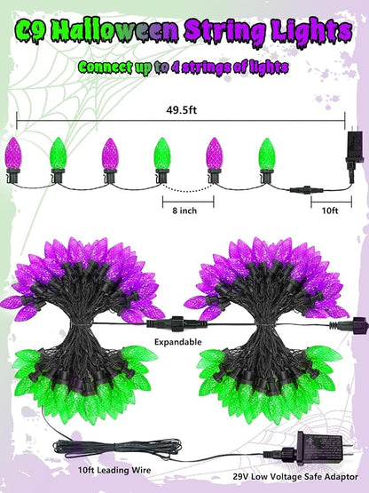 2 Pack 100LED Purple and Green C9 Halloween Lights Indoor Outdoor, 66 FT String Lights Extendable Waterproof Plug in LED Strawberry Lights Halloween Decorations for Black Tree Garden Patio Party Yard