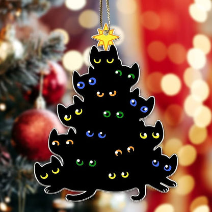 Black Cats Acrylic Christmas Ornament – Cat Eyes Christmas Tree Shape – Funny Cat Lover Holiday Hanging Decoration Gift