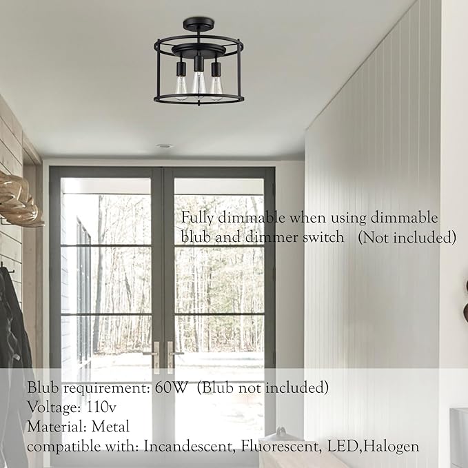 Farmhouse Semi Flush Mount Ceiling Light Industrial Kitchen Ceiling Light Matte Black for Bedroom, Living Room, Hallway, Entryway, Proch