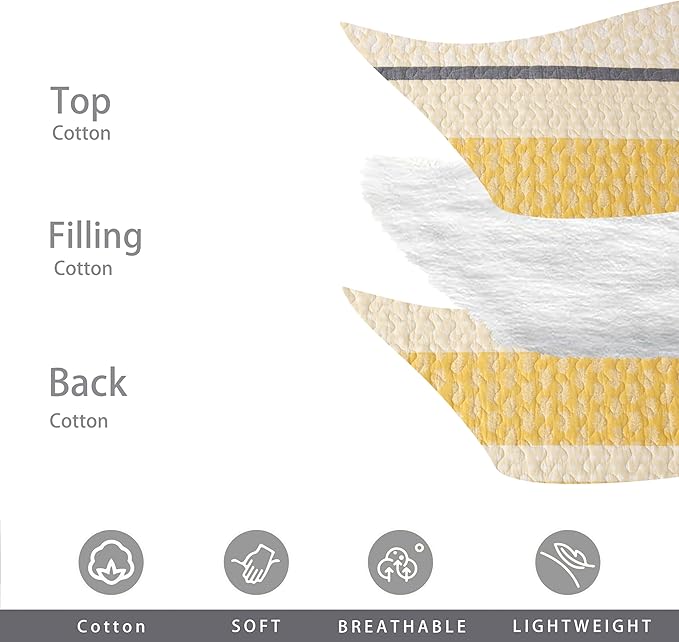 Homzard Quilt Cotton Queen Quilt Bedding Set,Yellow Black Grey Queen Size Comforter Set,Striped Bedspread Queen Size, Lightweight Farmhouse Bed Set Cover All Season 3 Pieces
