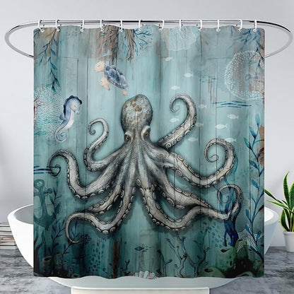 AILONEN 3D Ocean Octopus Shower Curtain Set for Bathroom,Sea Turtle Seahorse Animal Bath Curtain,Ocean Theme Waterproof Fabric Shower Curtain with Hooks,36" W*72" H