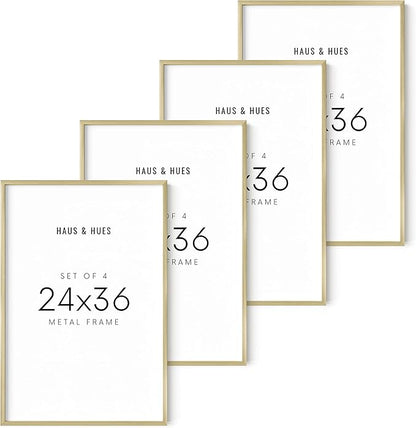 HAUS AND HUES Gold Picture Frames - Set of 4 Poster Frames, Large Picture Frames, Poster Frames, Movie Poster Frame, Gold Poster Frame (Gold Aluminum Frames), 24x36 in
