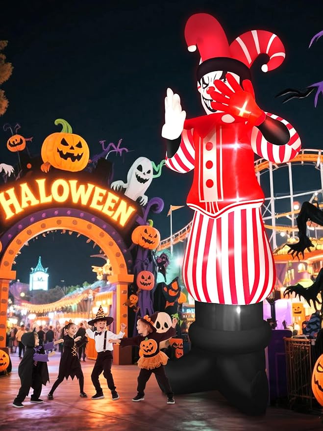 12FT Giant Halloween Inflatable Decoration, Kalolary Red Costume Scary Clown Blow Ups with Built-in LED Lights Large Huge Scary Clown Inflatable for Halloween Party Lawn Garden Outdoor Yard Decoration