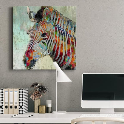 Renditions Gallery Cute Animals Artwork Abstract Colorful Painting Wall Art on Canvas, Paint Splash Zebra Wall Art, Ready to Hang, 10'' x 10'' AZS-WC25-16315-R-1010-SC