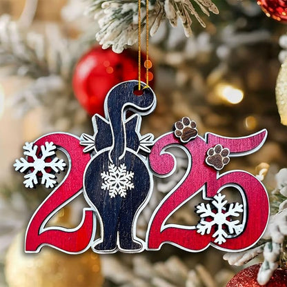 Black Cat 2025 Christmas Ornament – Funny Kitten Butt Wooden Tree Decoration with Snowflakes & Paw Prints for Cat Lovers, Pet Owner Christmas Décor