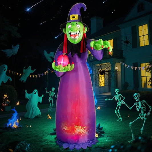 DomKom 10FT Halloween Inflatable Decorations, Blow Up Witch with Built-in LED Magic Flame Lights for Scary Halloween Party Outdoor, Yard, Garden Lawn Holiday Décor