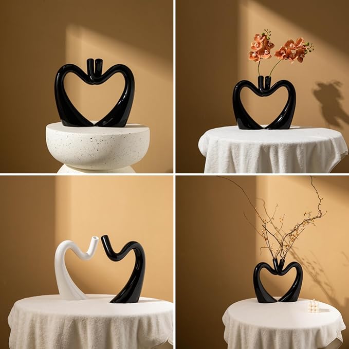 Black Hollow Ceramic Vases for Home Decor, Love Heart Snuggle Vase Set of 2, Modern Nordic Aesthetic Decorative Vase for Table Centerpiece Living Room Decoration (W 11.8" X H 9.8")