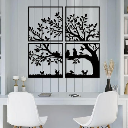 ruelen Wall Decor 4 Pieces Metal Birds and Branch Wall Art, Tree of Life Metal Wall Art, Black Leaves with Birds Silhouette Hanging Wall Sculpture for Indoor Home Bedroom Living Room Office Outdoor