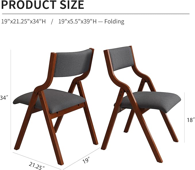 Folding Dining Chairs Set of 2, Upholstered Kitchen Chair with Padded Seat & Backrest, Modern Side-Chair with Wood Legs,No Assembly Needed,Dark Grey+Cherry