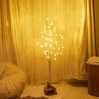 Lighted Brich Tree, 4FT 56 LED Christmas Tree with Burlap Decor, Warm White, IP44 Waterproof, Power Supply by Adaptor, Fireplace Party Wedding Halloween Christmas New Year Decoration