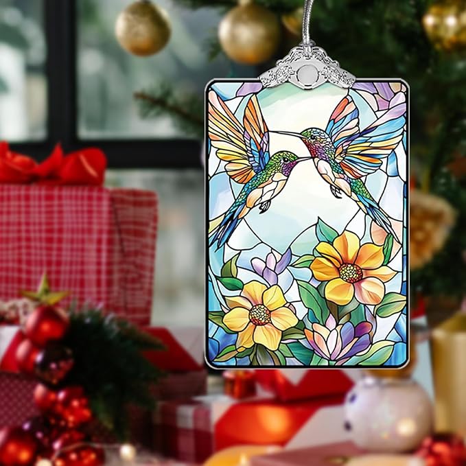 Hummingbird Stained Glass Ornament, 205 Christmas Tree Hanging Decoration for Gift Exchange or Stocking Stuffer, Holiday Decor, 3.8 x 2.4 Inch