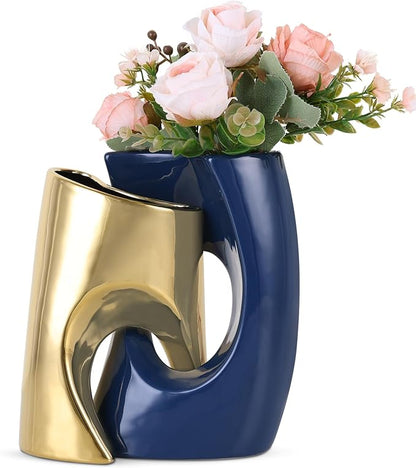 Blue and Gold Vase Set of 2, Nordic Modern Ins Style Vases, Boho Ceramic Vases for Centerpieces, Mid Century Abstract Donut Vase, Unique Funky Vase for Wedding, Decorative Pampas Grass Vase Decor