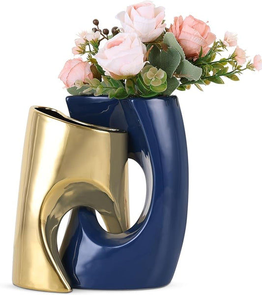 Blue and Gold Vase Set of 2, Nordic Modern Ins Style Vases, Boho Ceramic Vases for Centerpieces, Mid Century Abstract Donut Vase, Unique Funky Vase for Wedding, Decorative Pampas Grass Vase Decor