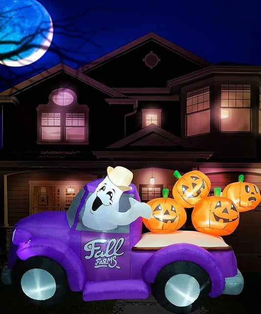 7.5FT Length Halloween Inflatable Hayride Truck with Ghost & 4 Halloween Pumpkins Decoration, Halloween Blow up Car Inflatable Built-in 10 LEDs for Halloween Inflatables Outdoor Decoration