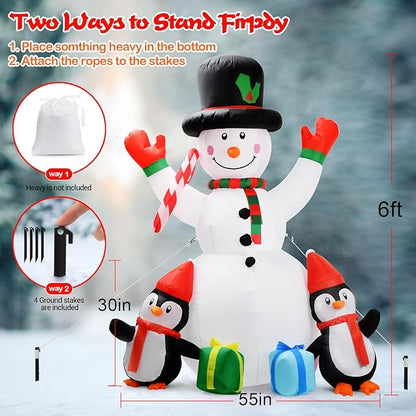 6ft Christmas Inflatables Outdoor Decorations Embrace Snowman and Penguins Built-in Colorful Rotating Led Lights Blow Up Snow Man Wear Magic Hat Yard Decor for Party Indoor Garden Lawn Xmas