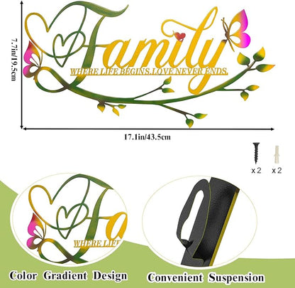 AUHOKY Family Where Life Begins Love Never Ends Word Sign Metal Wall Decor, Black Home Decor Wall Art Decorations, Letters Quotes Sign for Living Room Bedroom Kitchen Indoor Outdoor Decor(17.5 x 9in)