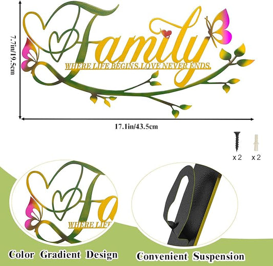 AUHOKY Family Where Life Begins Love Never Ends Word Sign Metal Wall Decor, Black Home Decor Wall Art Decorations, Letters Quotes Sign for Living Room Bedroom Kitchen Indoor Outdoor Decor(17.5 x 9in)