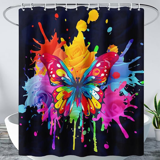 AILONEN Butterfly Shower Curtain for Bathroom, 3D Oil Painting Butterfly Bath Curtain,Colorful Butterfly Rose Flower Decoration Waterproof Black Curtain with 12 Plastic Hooks, 72" W*96" H