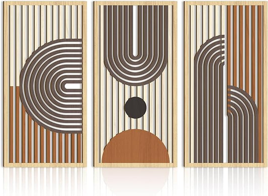 IARTTOP Large Boho Wood Wall Art 16x32 Inch Abstract Mid century Modern Wooden Wall Decor Minimalist Bohemian Orange Artwork for Living Room Bedroom Office Set of 3