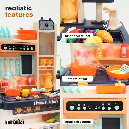 Kids' Play Kitchen Set, 27.95 x 11.22 x 36.81 Inch, 65-Piece Toy Kitchen Playset with Functional Faucet, Realistic Steam Effects, Lights and Sounds, and Other Kitchen Accessories (Blue)