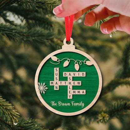 Custom Wooden Crossword Ornament, Personalize with Family Names, Personalized Ornament for Christmas Tree