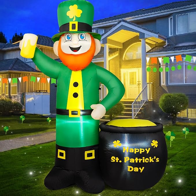 6FT St Patricks Day Inflatables Outdoor Decorations, Leprechaun Inflatable Holds Beer Cup with Pot of Gold Built-in LED Lights, St Patricks Day Decorations for Party Holiday Yard Garden Decor