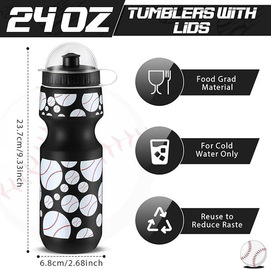 24 Pcs 24 oz Baseball Water Bottle Bulk and Drawstring Bag Set 12 Reusable Plastic Biking Water Bottle Tumbler 12 Sport Gym Goodie Gift Bag for Party Favor (Black)