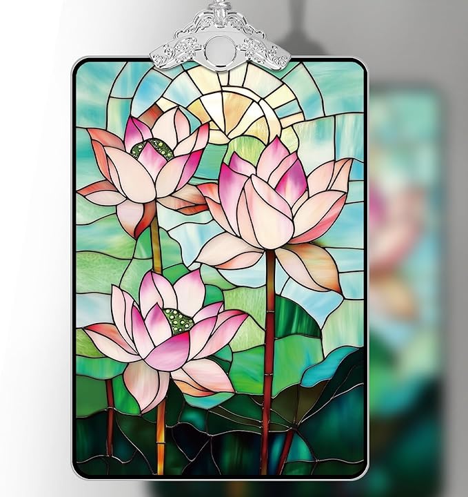 Lotus Flower Stained Glass Ornament, 205 Christmas Tree Hanging Decoration for Zen-Inspired Holiday Decor or Gift Exchange, 3.8 x 2.4 Inch