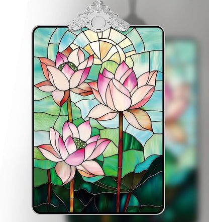 Lotus Flower Stained Glass Ornament, 205 Christmas Tree Hanging Decoration for Zen-Inspired Holiday Decor or Gift Exchange, 3.8 x 2.4 Inch